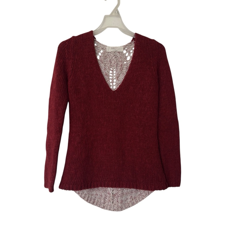 Zara Knit mohair wool crochet Burgundy V-Neck Sweater S